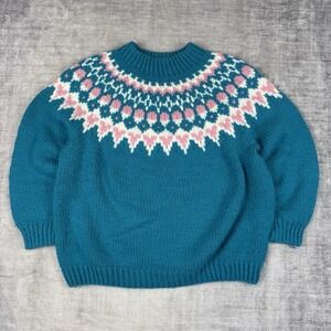 Vintage Hand Knit Sweater Woman's Large Blue Icelandic Fair Isle Wool Pullover